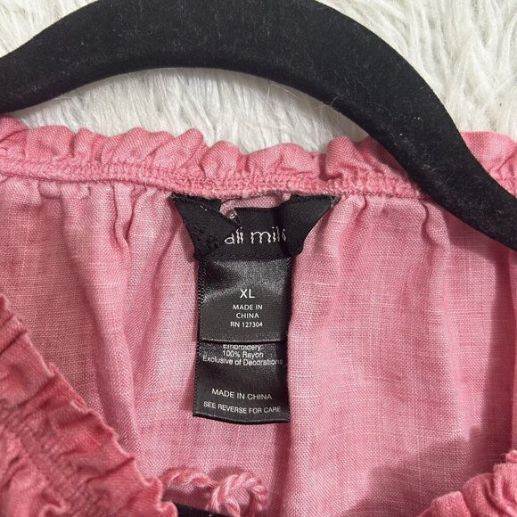 Ali Miles Pink Embroidered Linen Tunic Top Blouse 3/4 Flared Sleeves Size XL - Picture 6 of 10